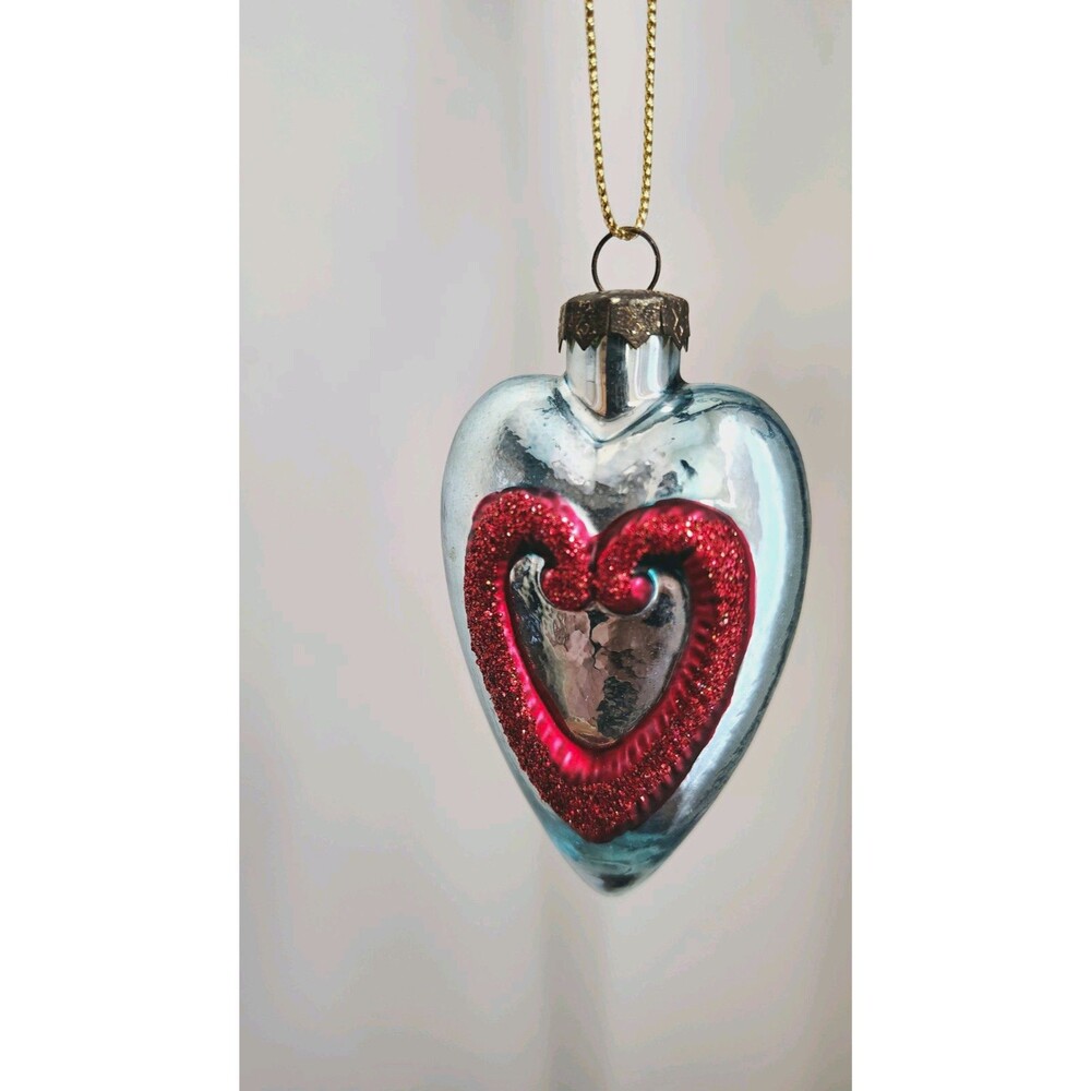 Thomas Pacconi Museum Series Blue Red Heart Glass Christmas Ornament Vintage